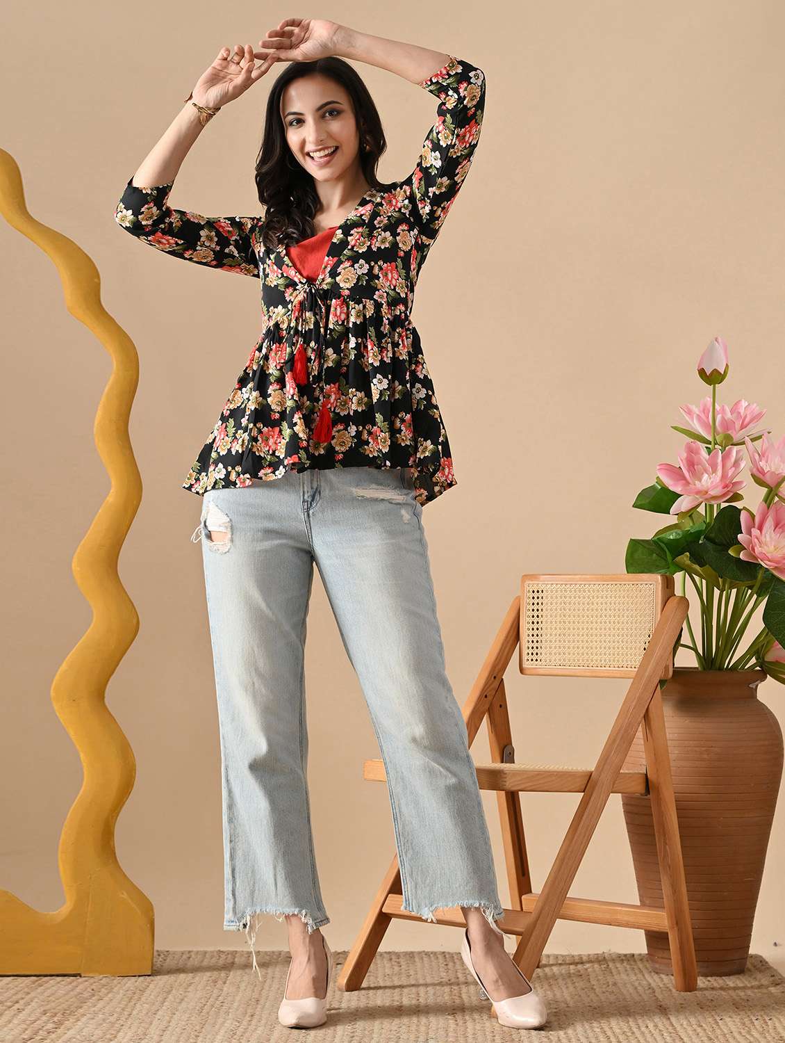 women floral three quarter sleeve ethnic top - 22303495 -  Standard Image - 7