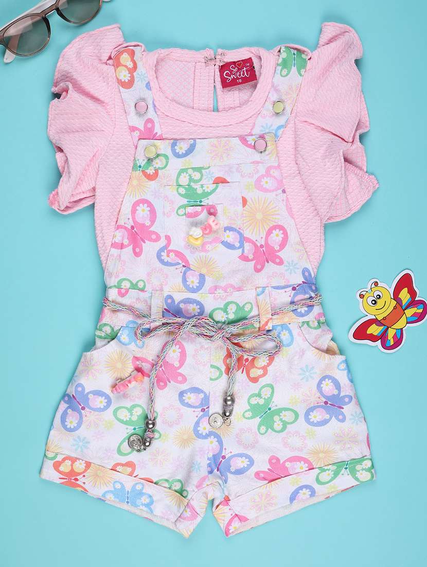 girls printed t-shirt and dungree set