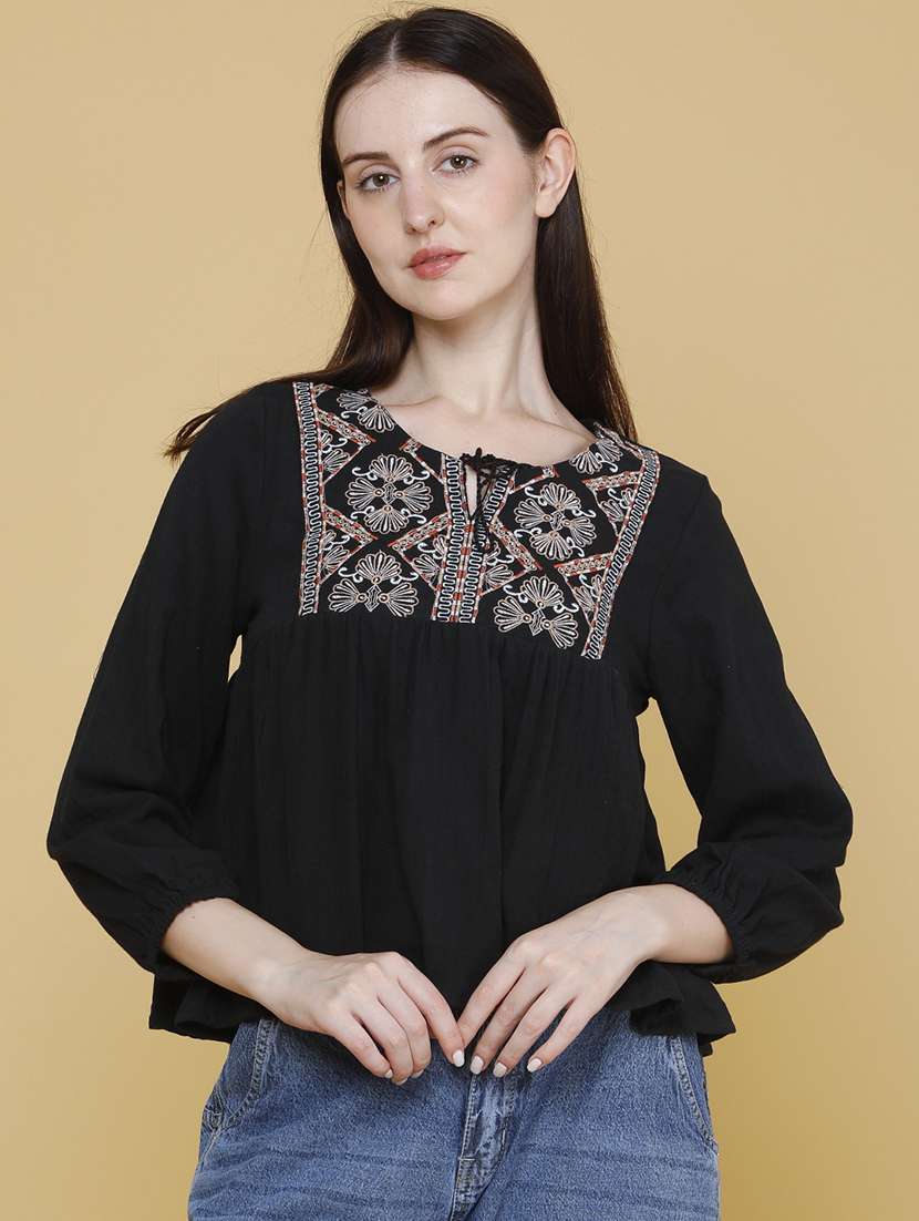 women embroidered three quarter sleeves a-line top - 22304734 -  Standard Image - 2