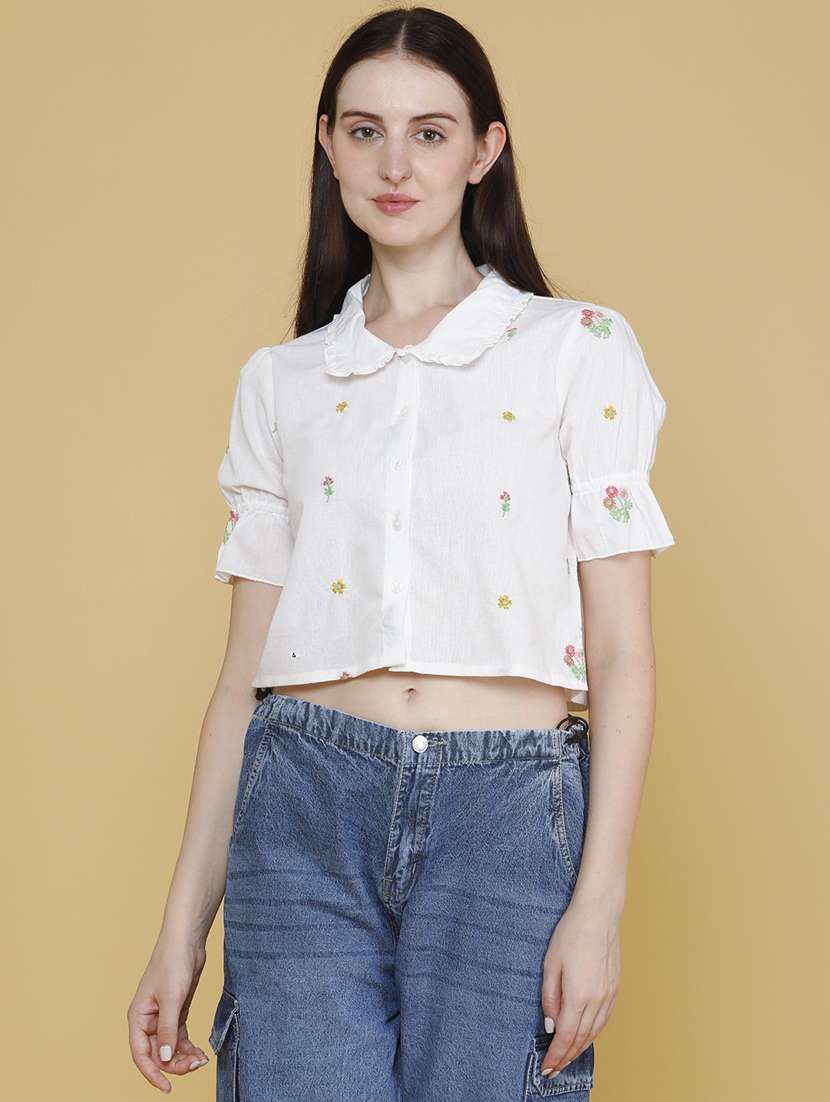 women embroidered short sleeves crop top - 22304736 -  Standard Image - 2