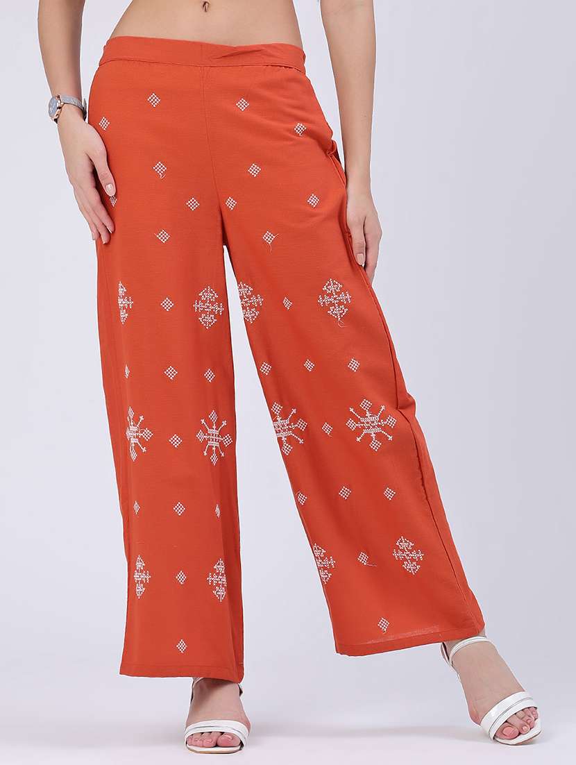 women embroidered mid rise wide leg trouser