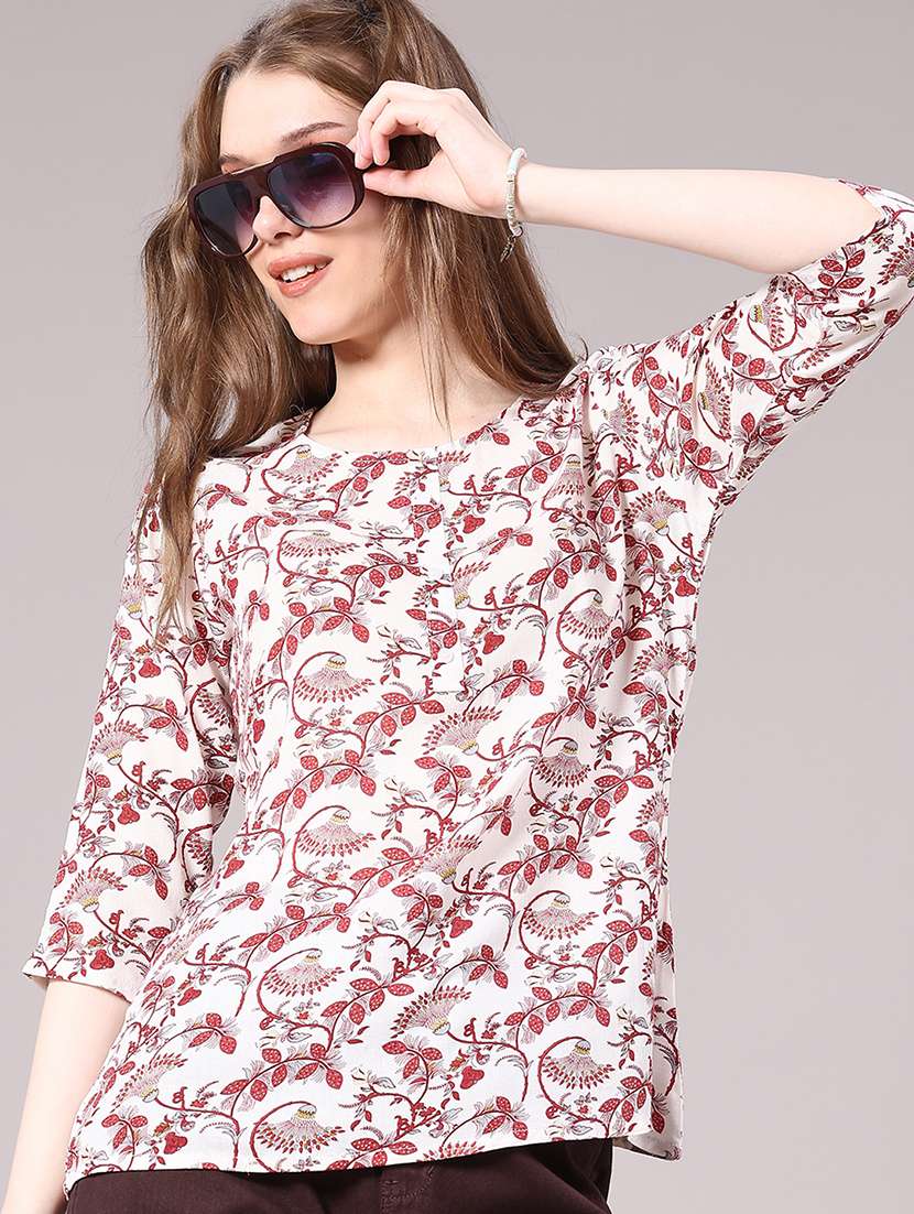 women floral three quarter sleeve straight kurti - 22305217 -  Standard Image - 2
