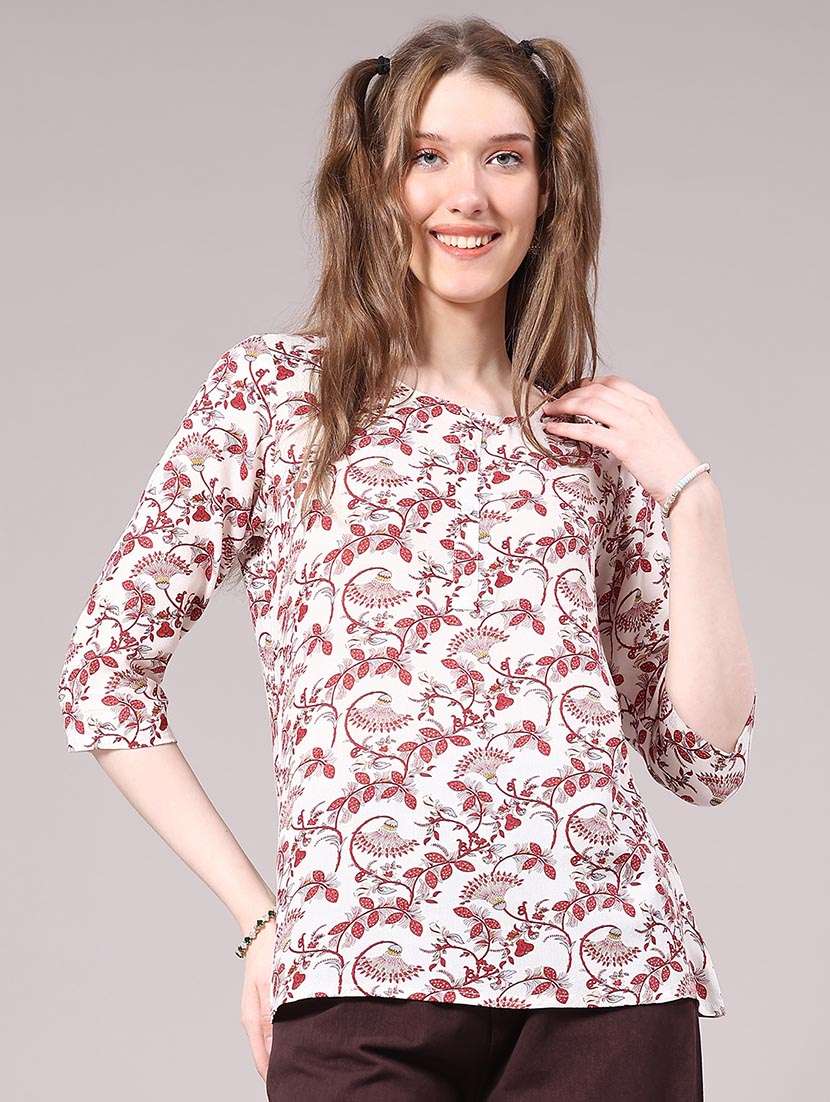 women floral three quarter sleeve straight kurti - 22305217 -  Standard Image - 2