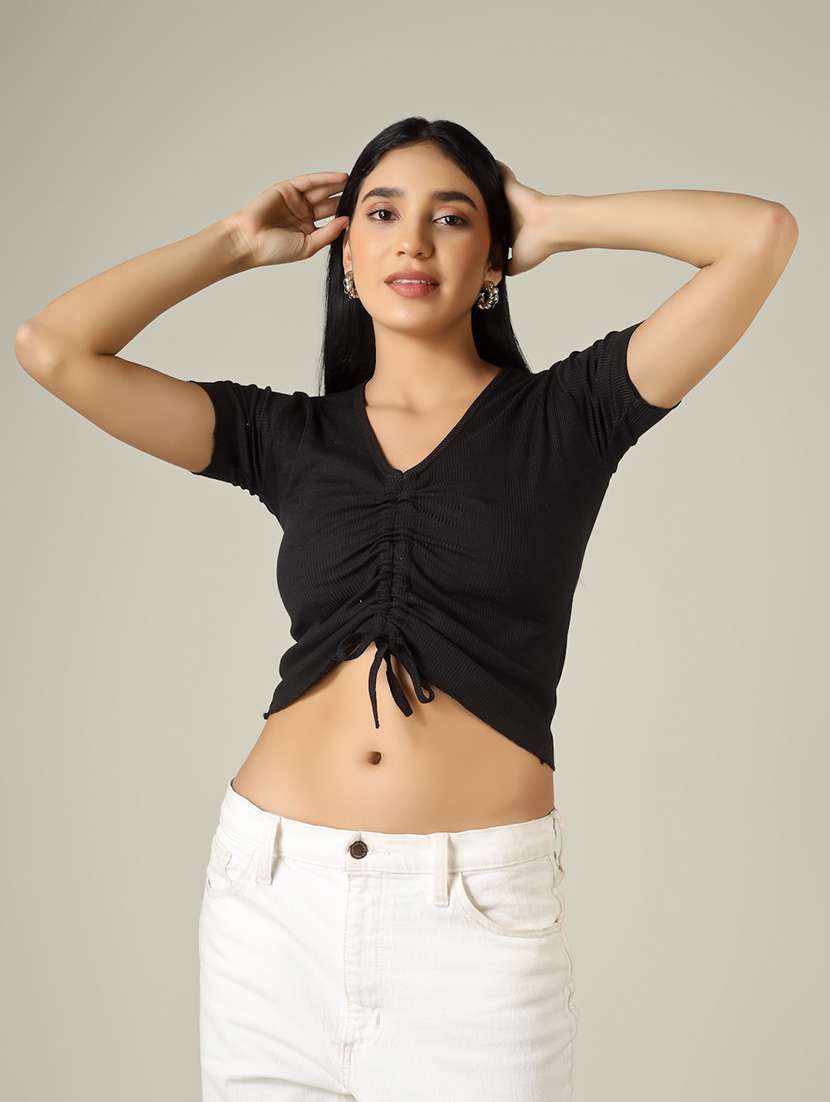 women solid short sleeve ruched crop top - 22305730 -  Standard Image - 2