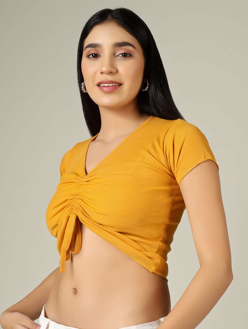 women solid short sleeve ruched crop top - 22305733 -  Standard Image - 2