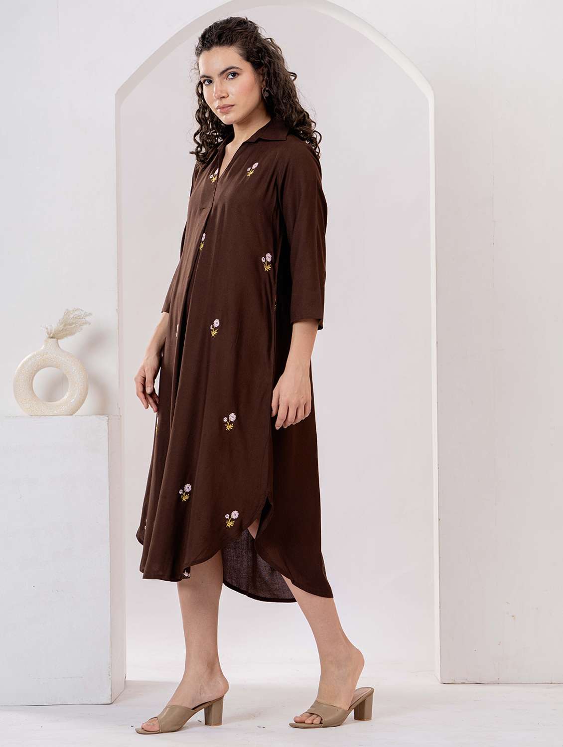 women embroidered three quarter sleeve asymmetric dress - 22305883 -  Standard Image - 2