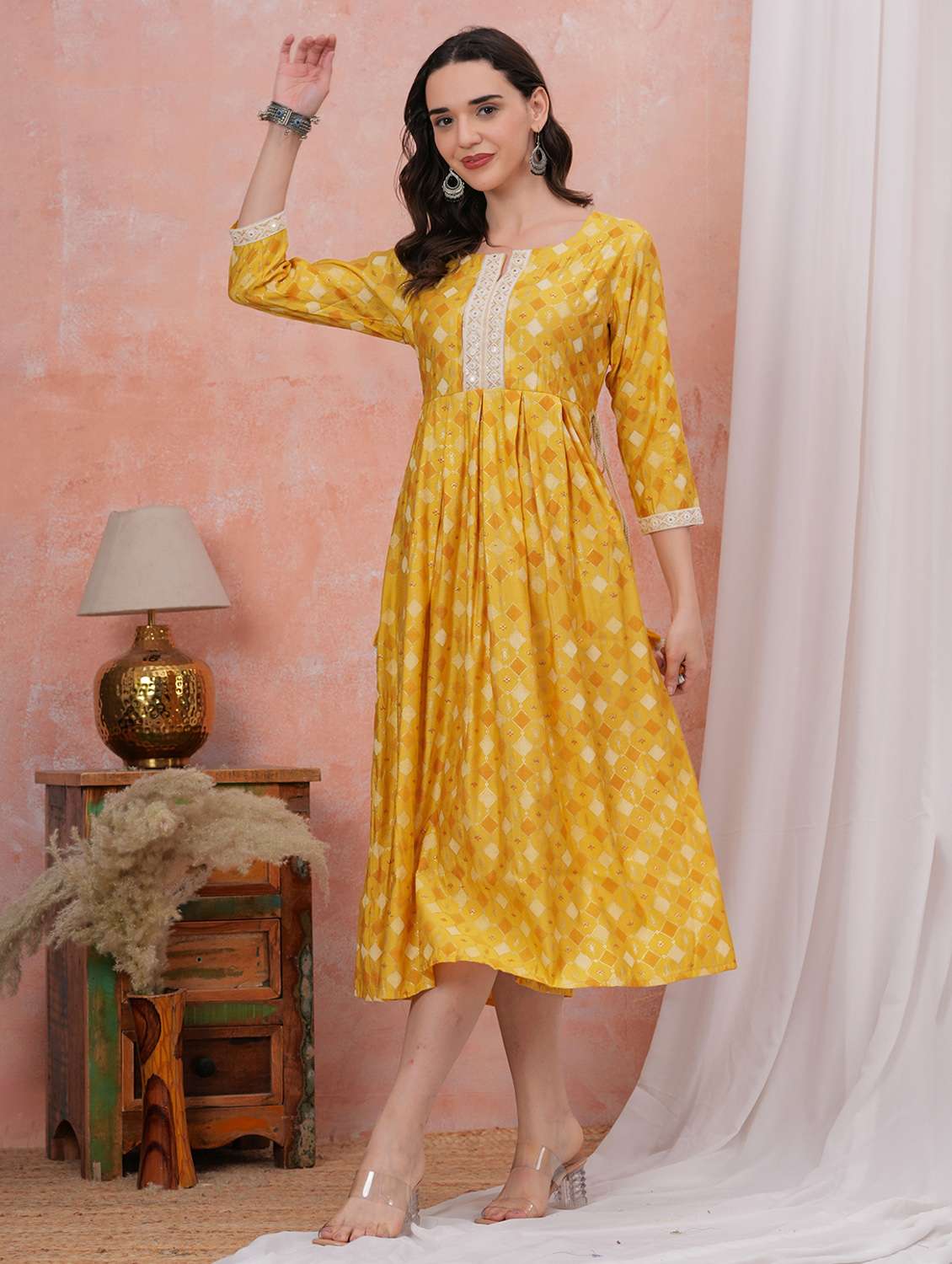 women printed three quarter sleeve fit & flare dress - 22305888 -  Standard Image - 2
