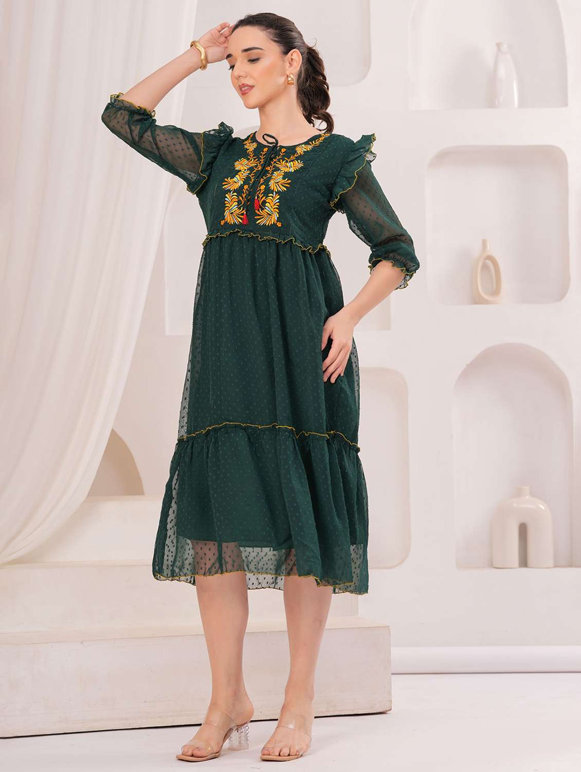 women self designed three quarter sleeve tiered dress - 22305890 -  Standard Image - 2