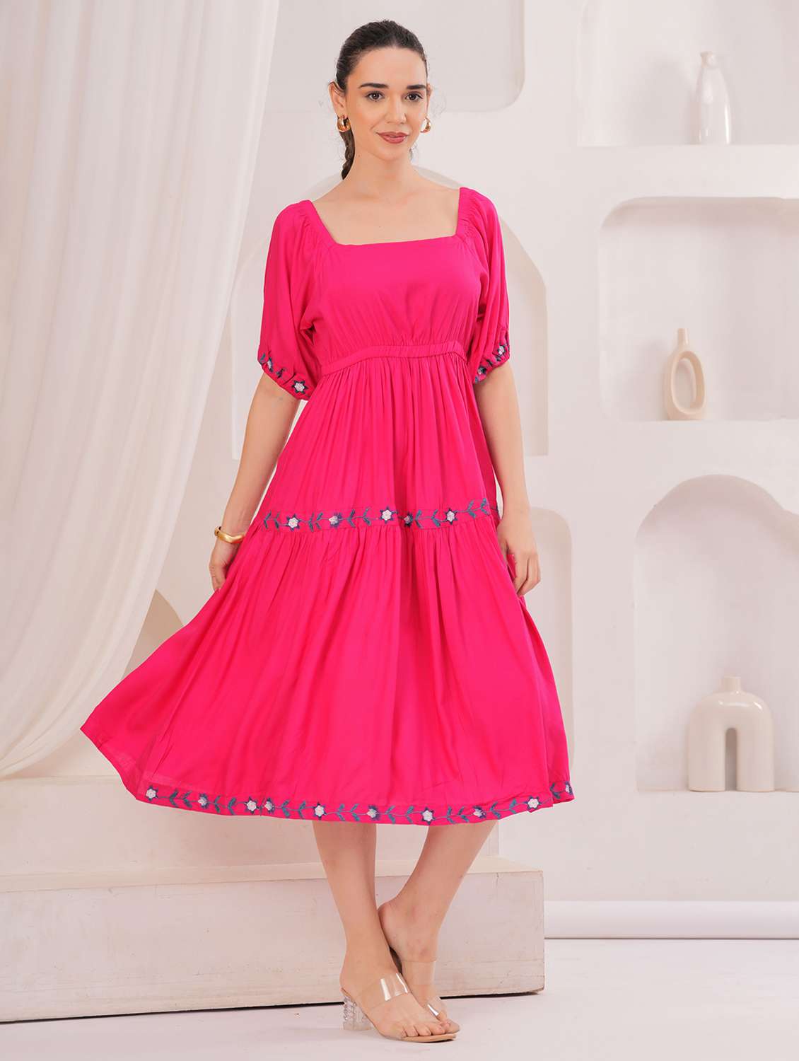 women embroidered puff sleeve tiered dress - 22305895 -  Standard Image - 2