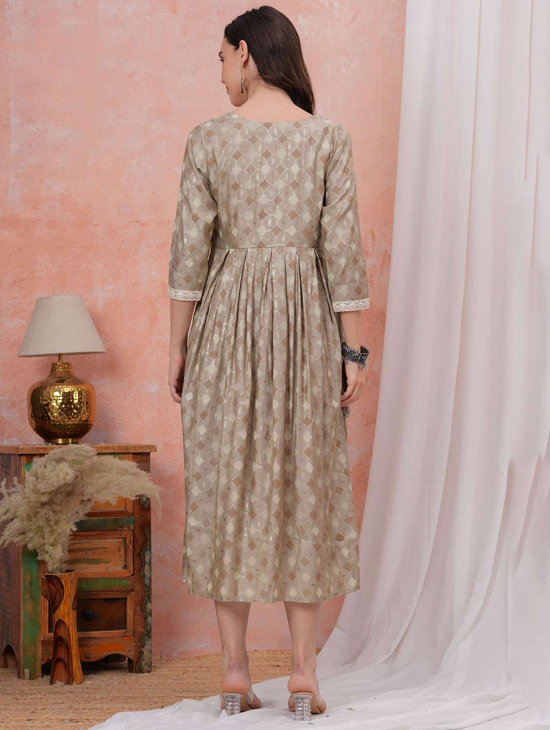 women printed three quarter sleeve fit & flare dress - 22305904 -  Standard Image - 2