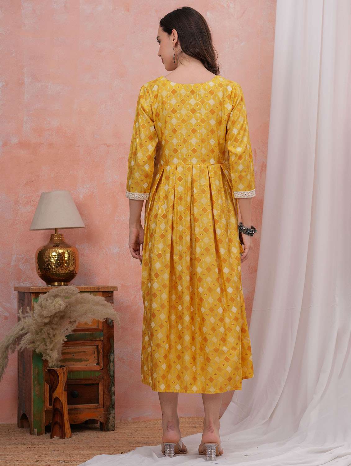 women printed three quarter sleeve fit & flare dress - 22305905 -  Standard Image - 2