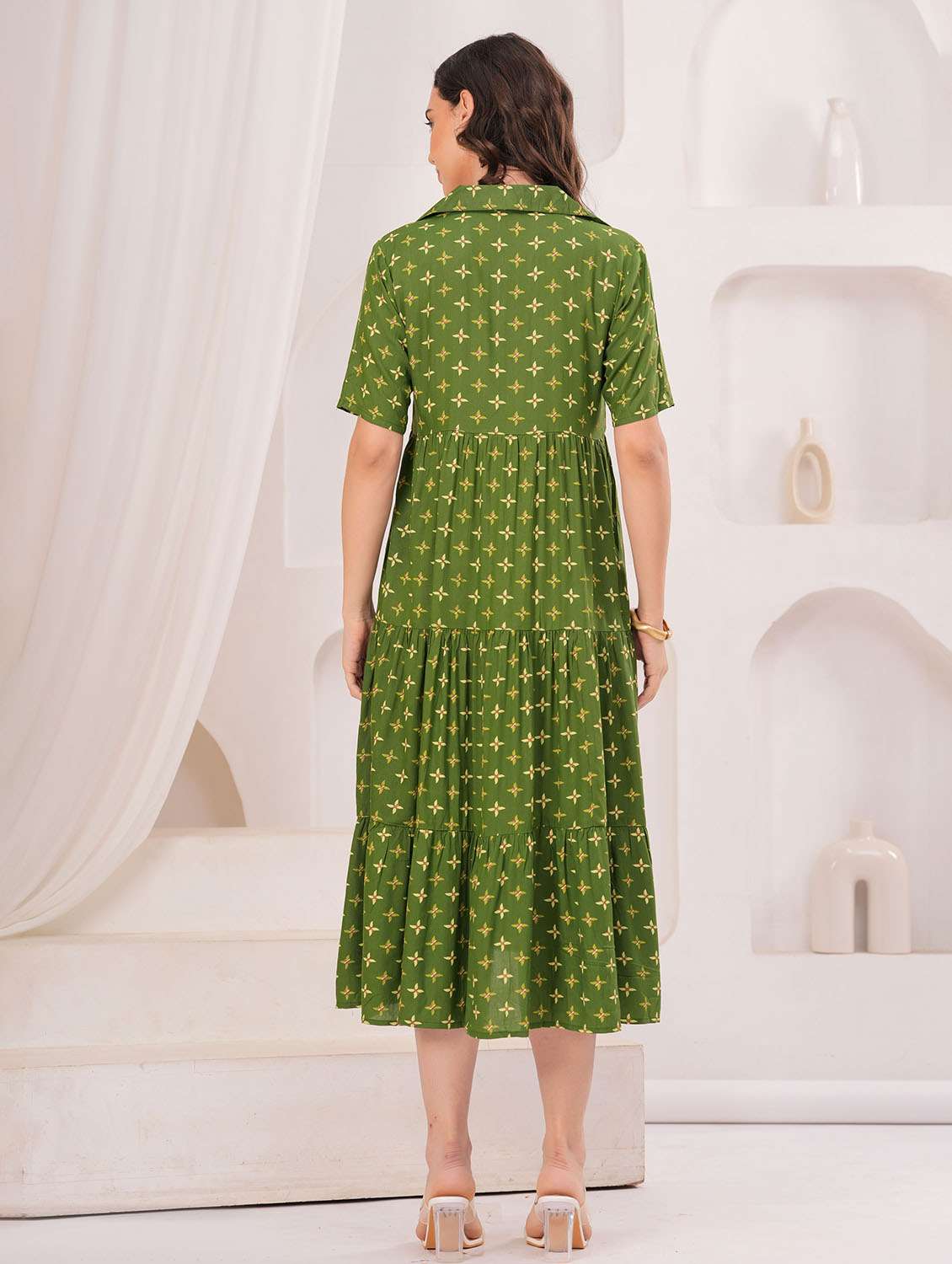 women printed collared short sleeve tiered dress - 22305906 -  Standard Image - 2
