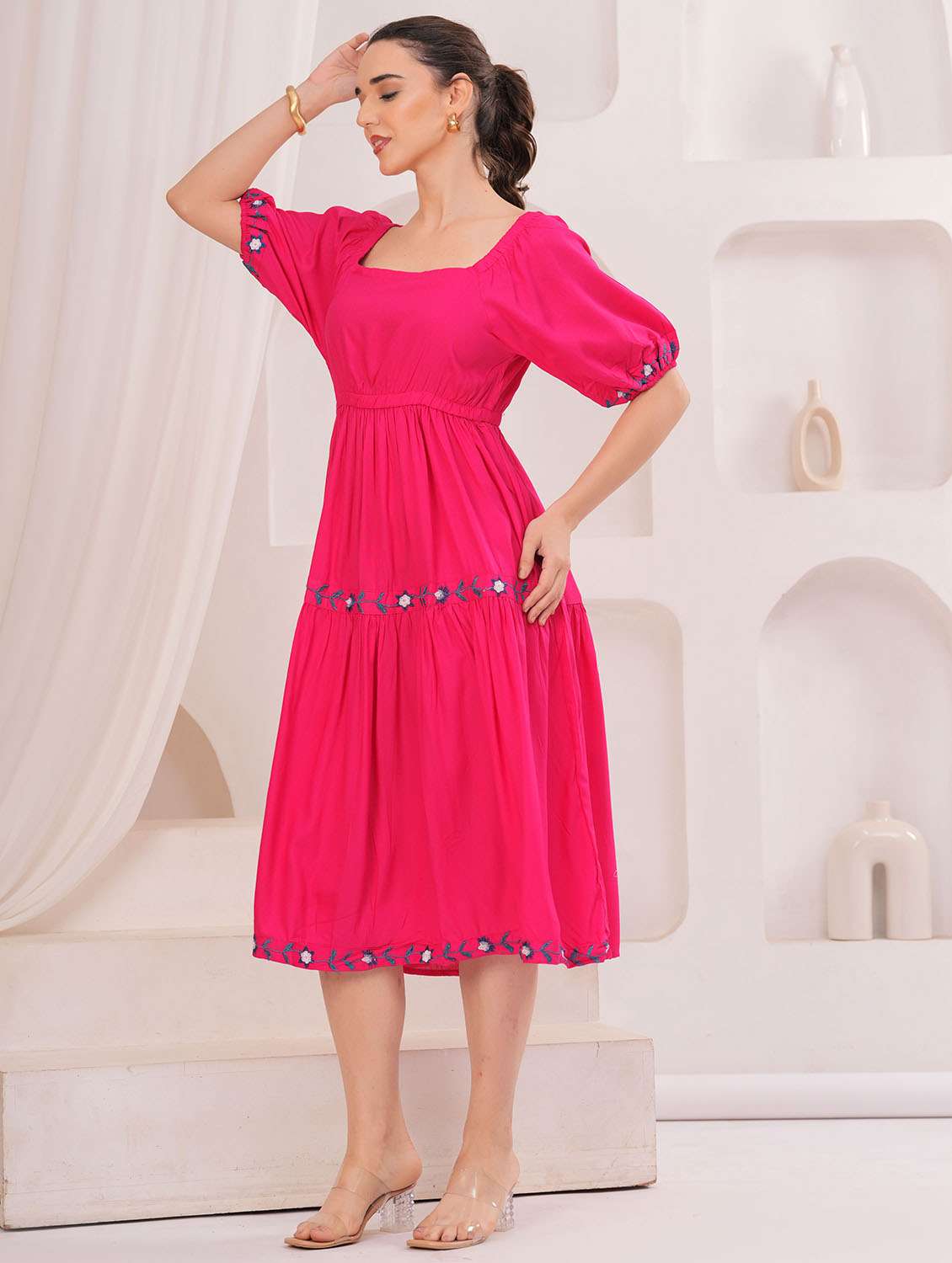 women embroidered puff sleeve tiered dress - 22305912 -  Standard Image - 2
