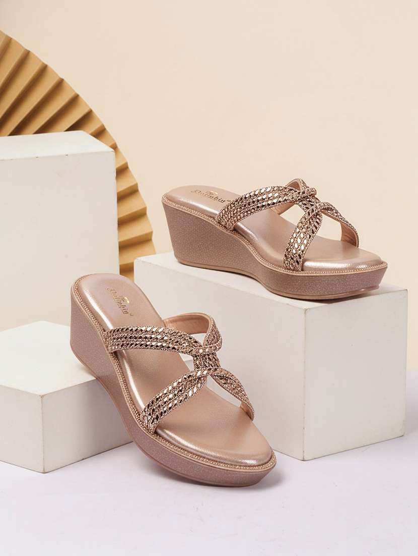 women embellished slip on platform wedge