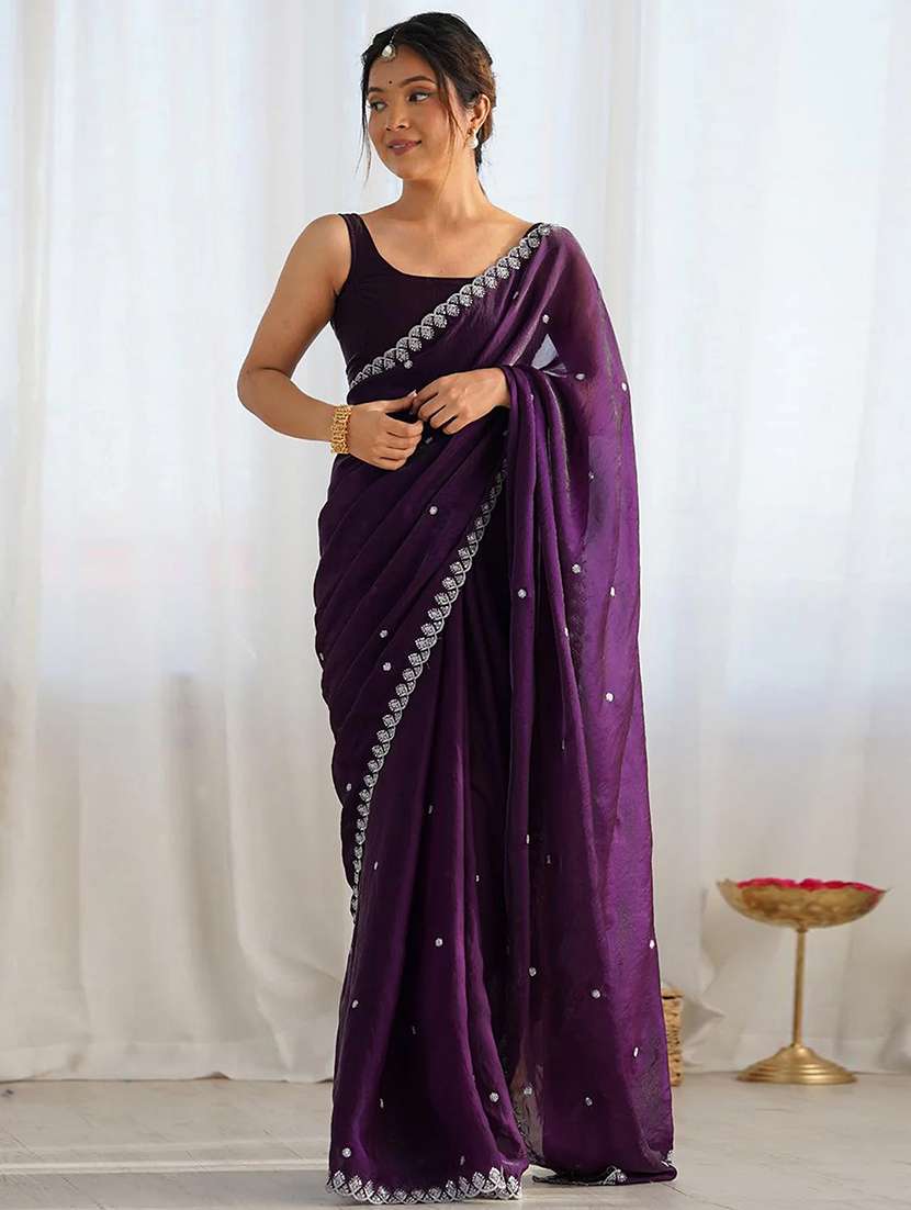 women solid with work embroidered saree with blouse