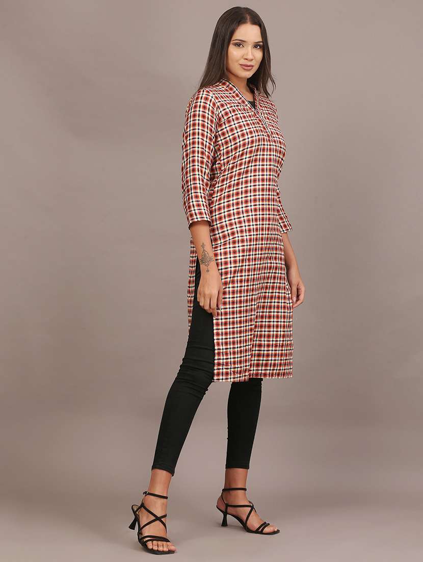 women checkered three quarter sleeve kurta - 22307669 -  Standard Image - 2