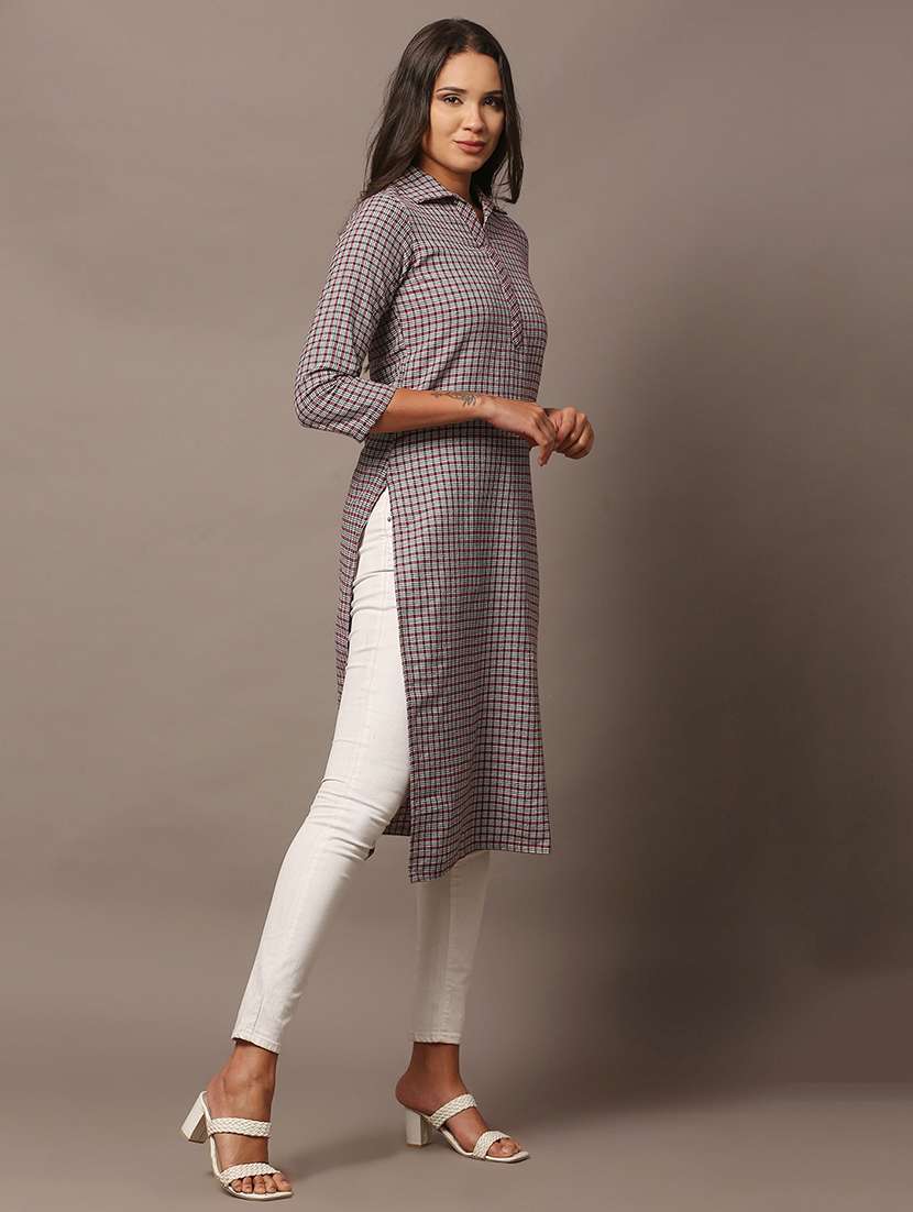 women checkered three quarter sleeve kurta - 22307671 -  Standard Image - 2