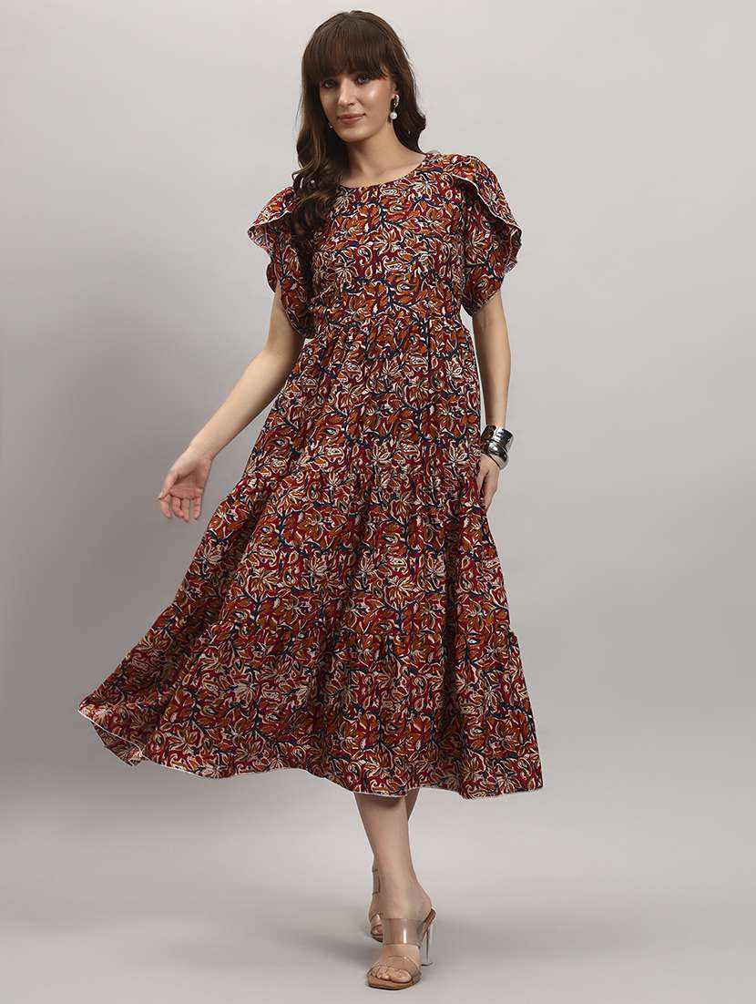 women printed short sleeve tiered dress