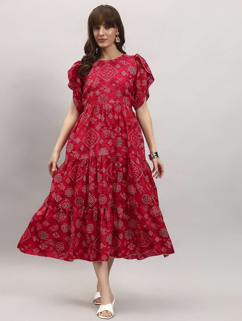 women printed short sleeve tiered dress