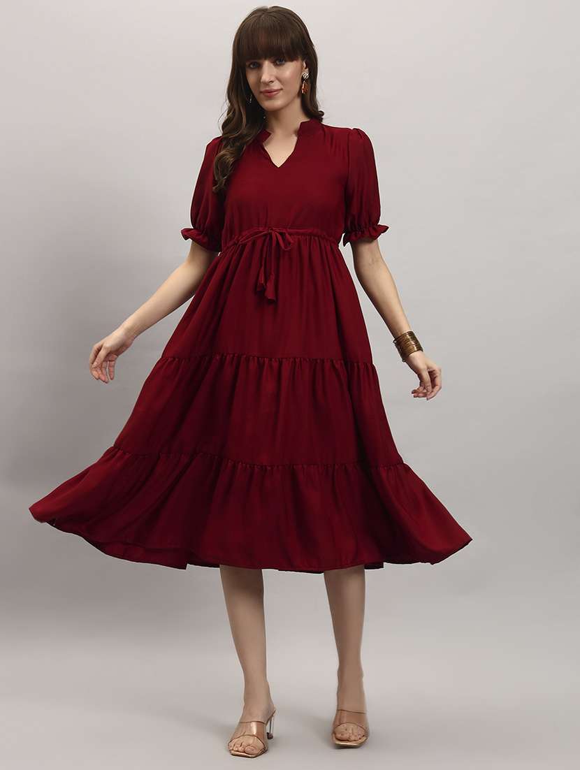 women solid short sleeve tiered dress