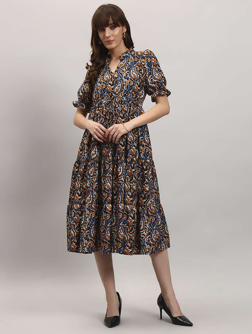 women printed puff sleeves tiered dress
