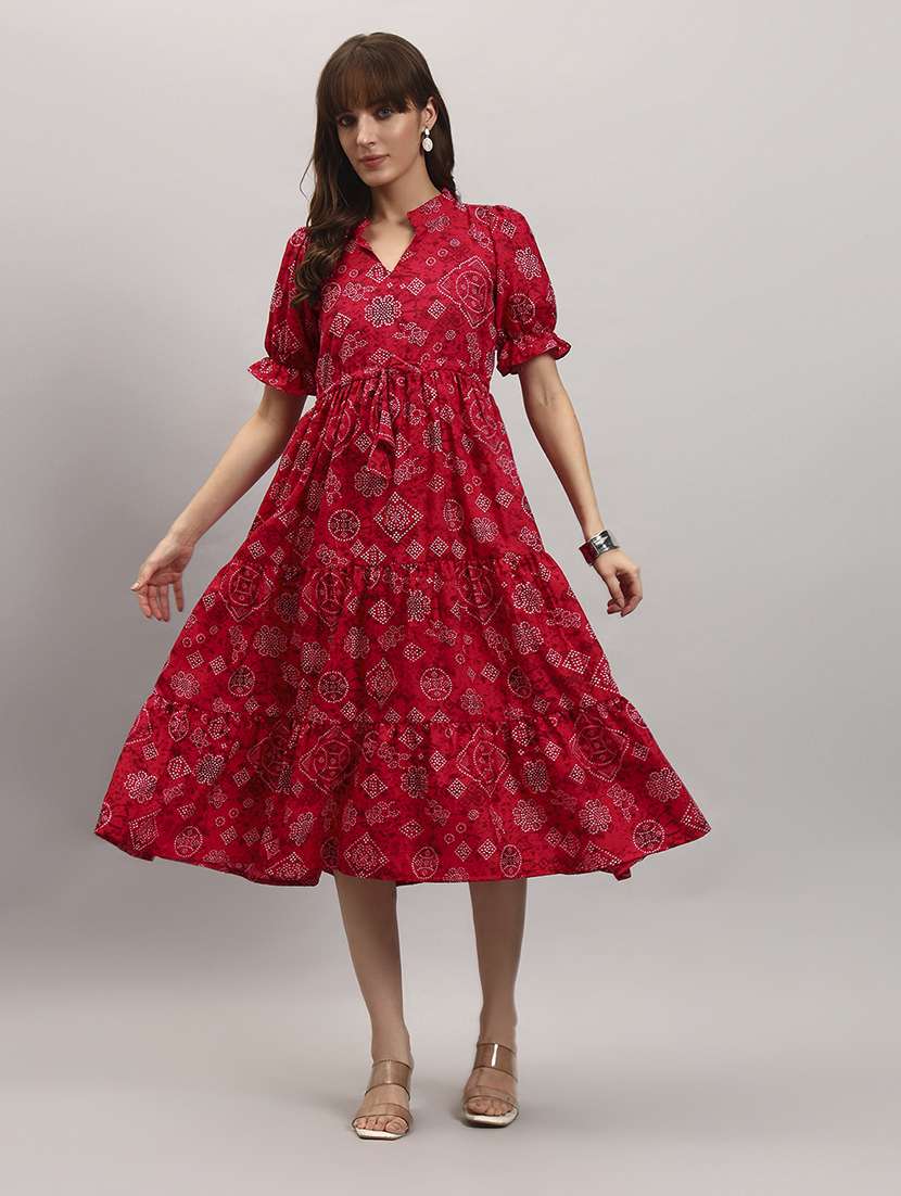 women bandhani print puff sleeve tiered dress