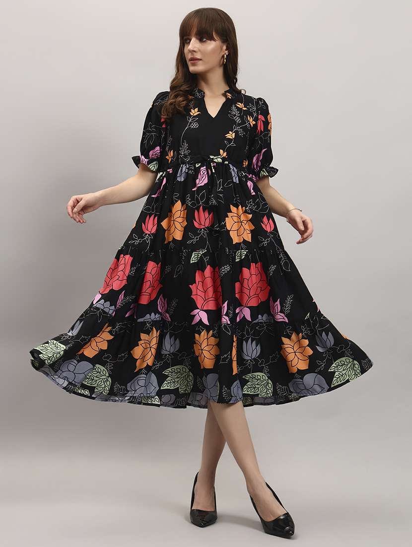 women floral puff sleeve tiered dress
