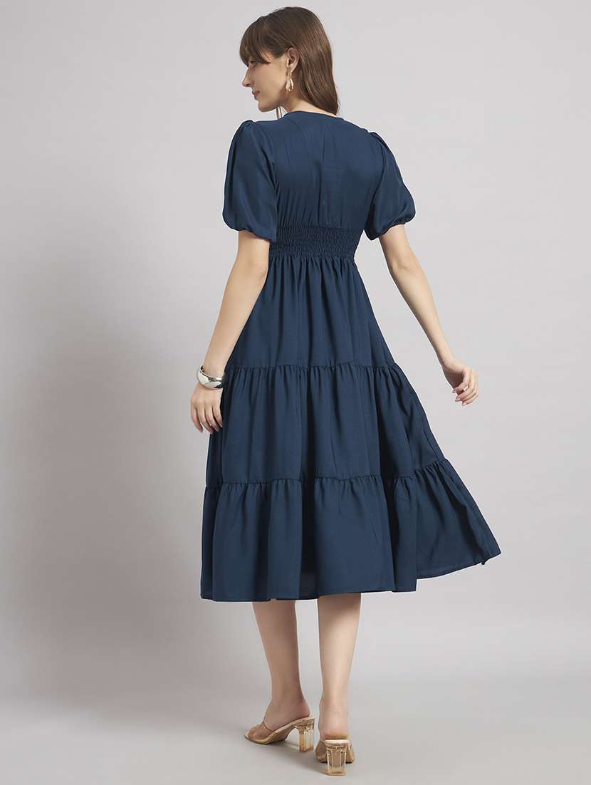 women solid puff sleeve tiered dress - 22308323 -  Standard Image - 2