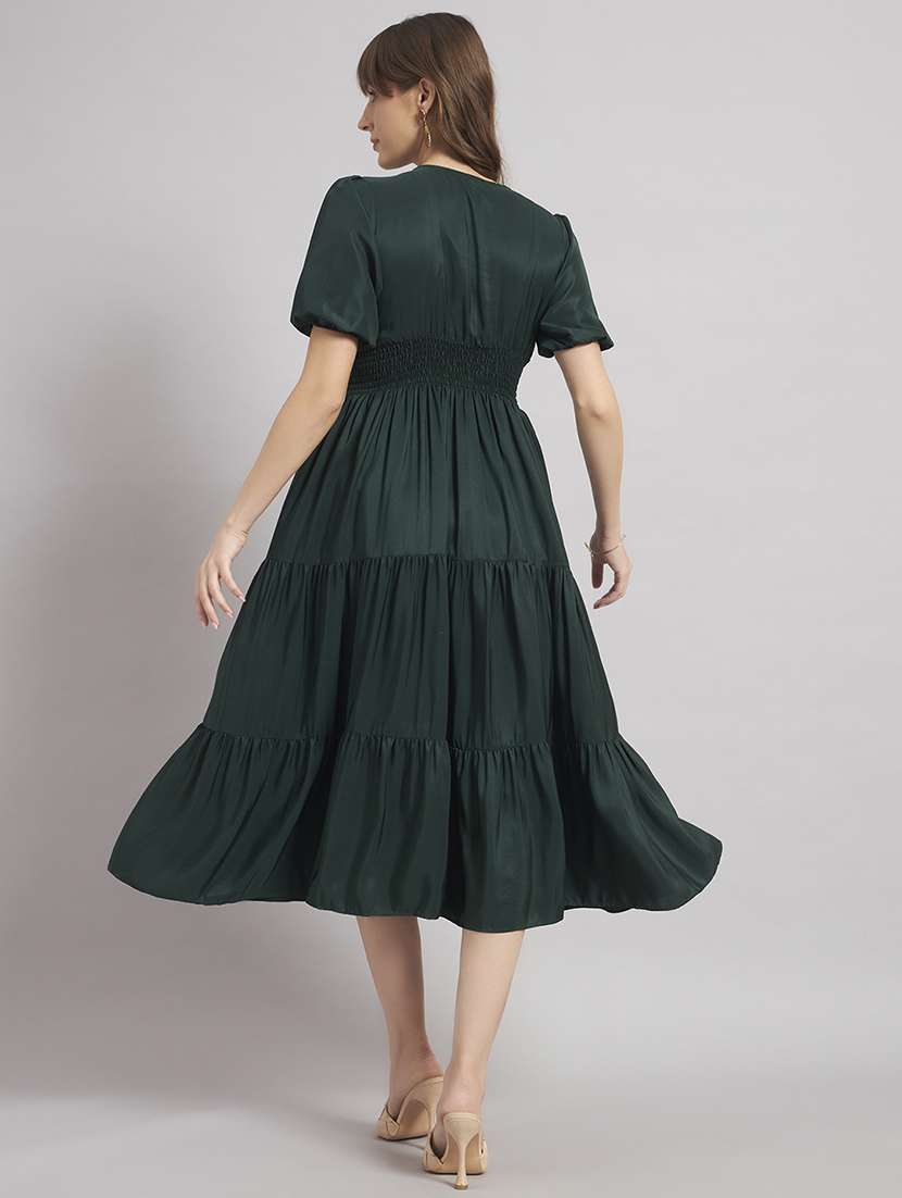 women solid puff sleeve tiered dress - 22308331 -  Standard Image - 2