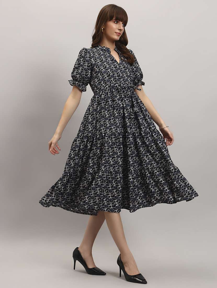 women floral print puff sleeve tiered dress