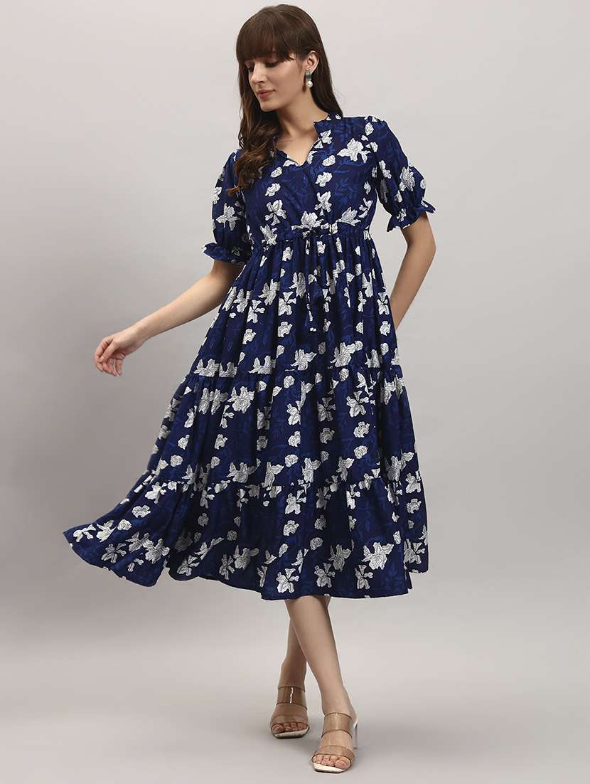 women floral printed puff sleeve tiered dress