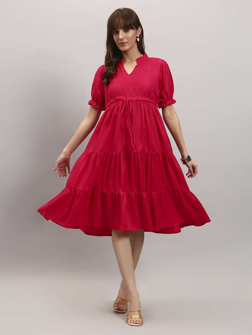 women solid puff sleeve tiered dress