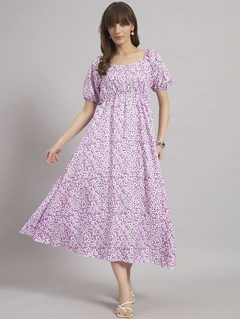 women floral print puff sleeve a-line dress