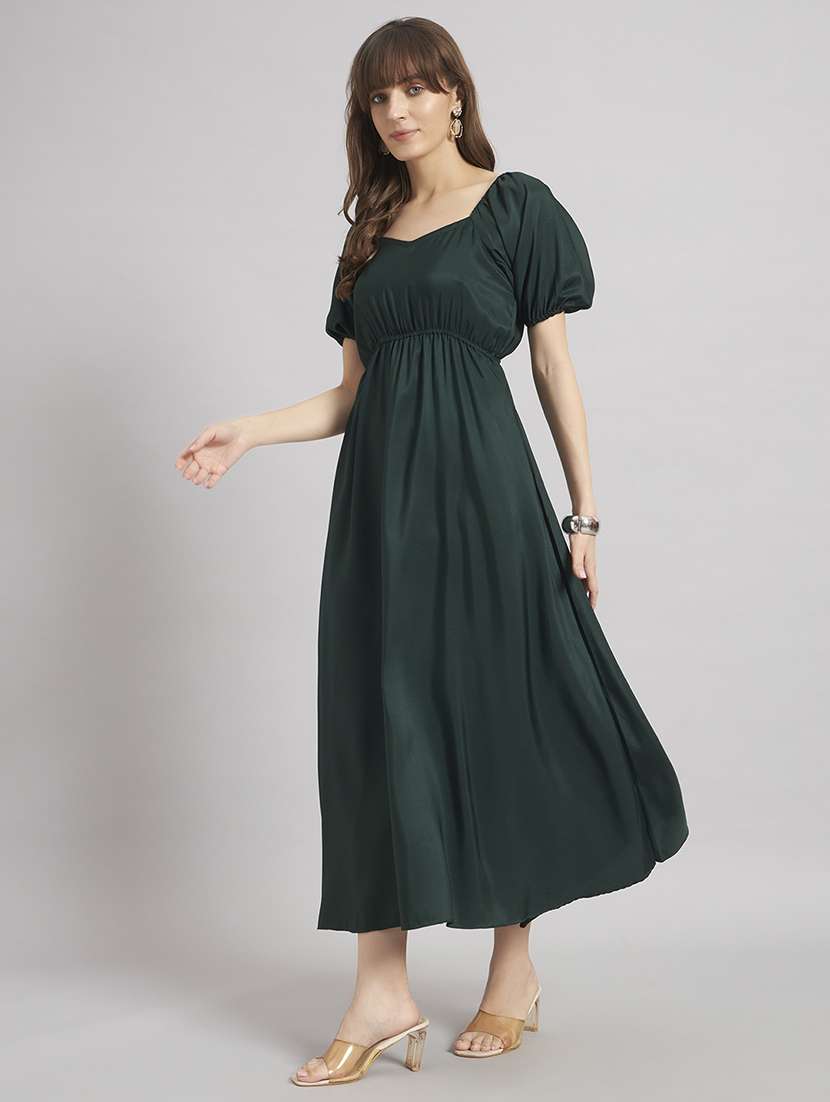women solid puff sleeve a-line dress