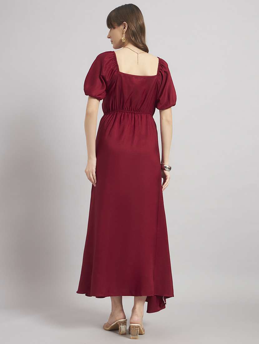 women solid puff sleeves a-line dress - 22308788 -  Standard Image - 2