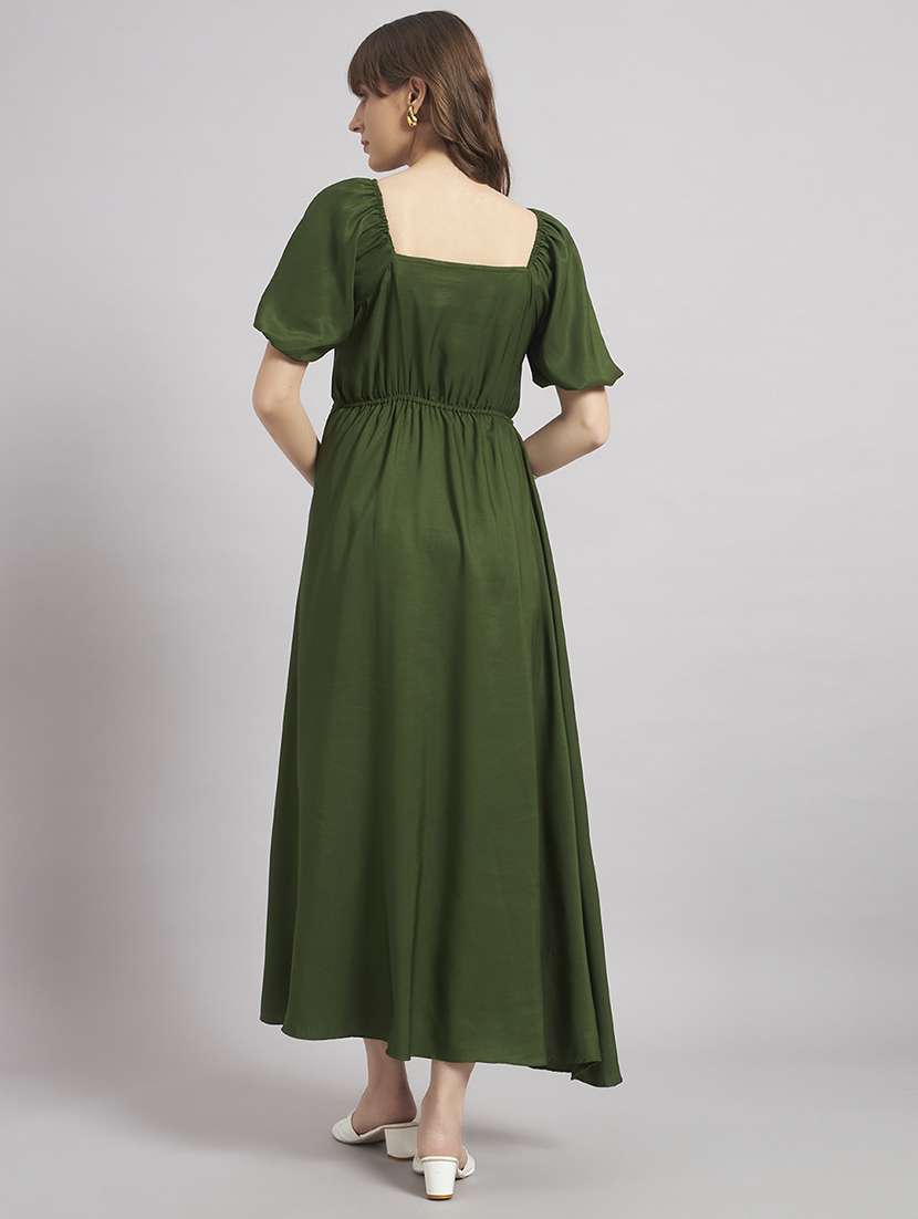 women solid puff sleeve a-line dress - 22308789 -  Standard Image - 2