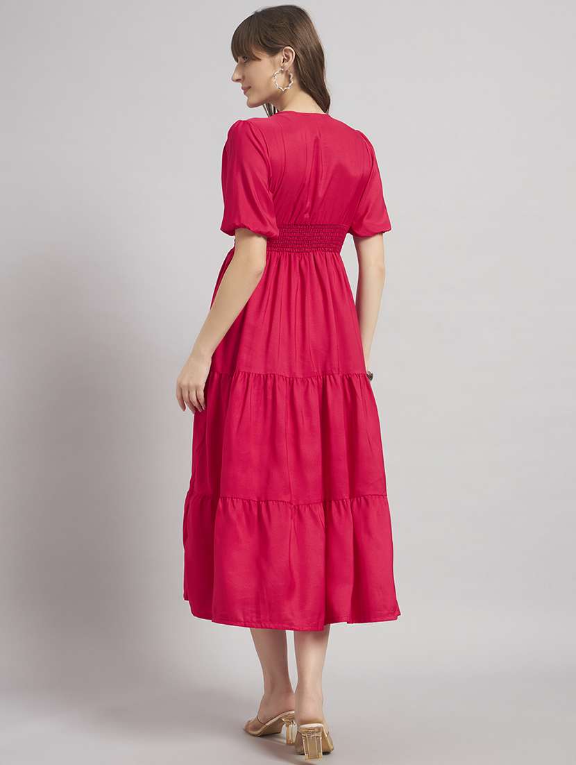 women solid puff sleeve tiered dress - 22308980 -  Standard Image - 2