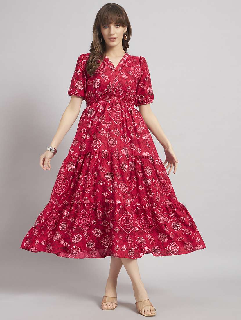 women bandhani print puff sleeve tiered dress