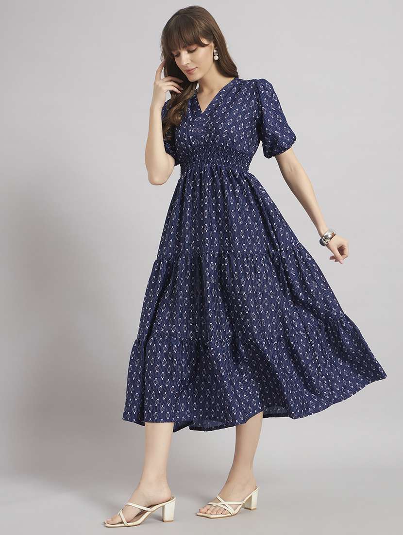 women printed puff sleeves tiered dress