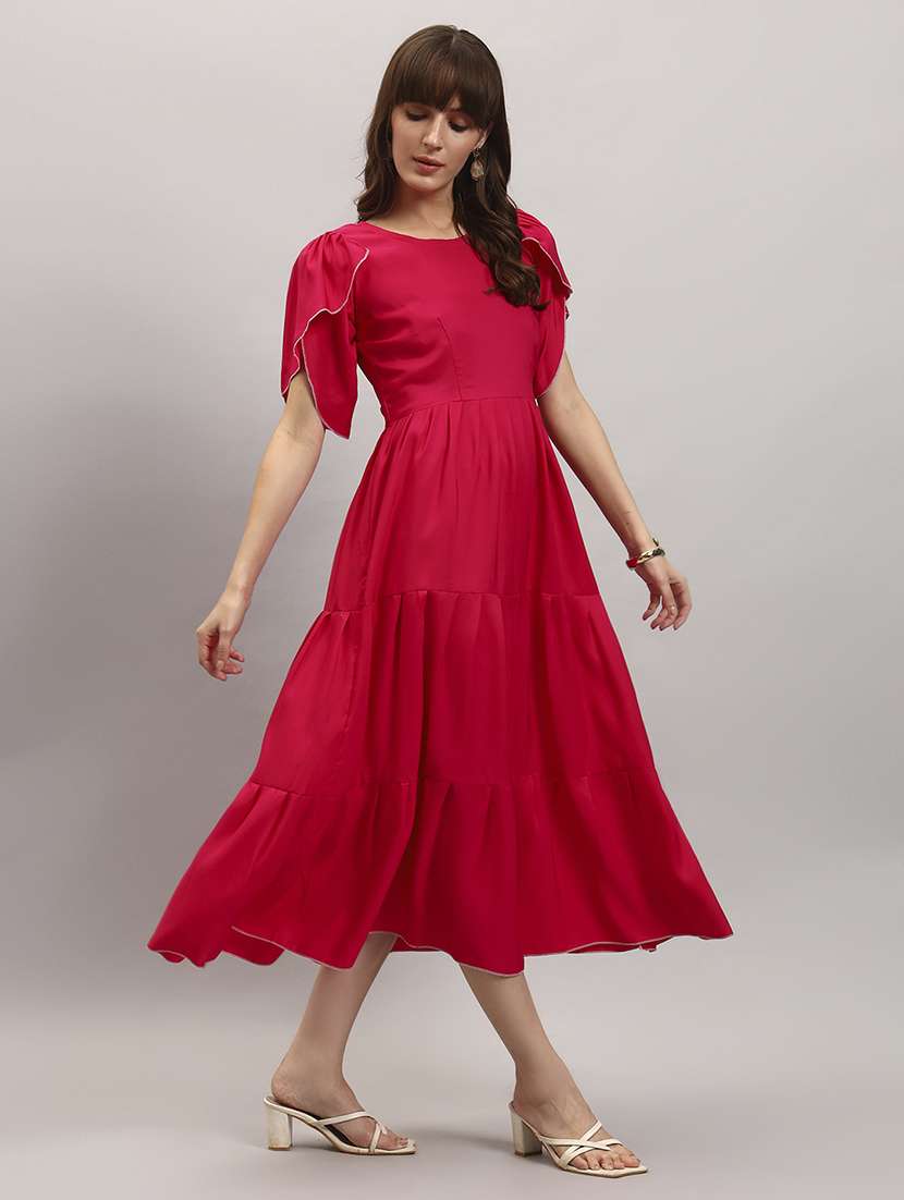 women solid tulip sleeve tiered dress