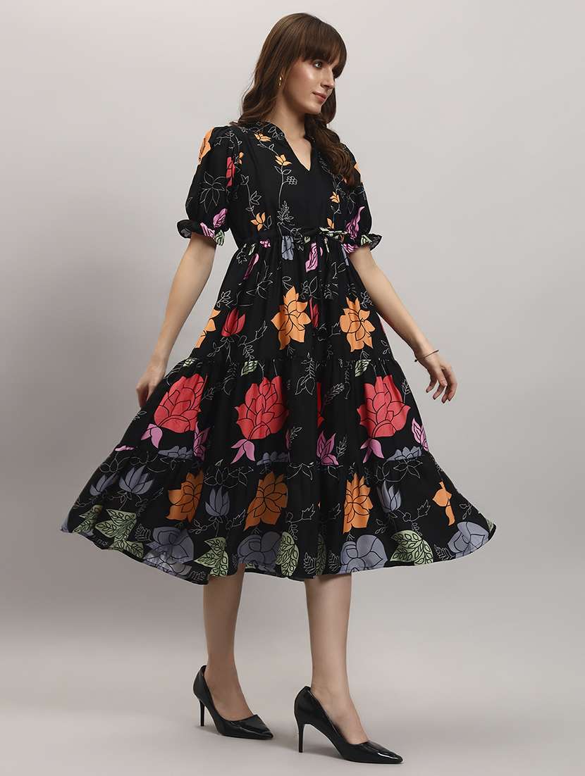 women floral print puff sleeve tiered dress
