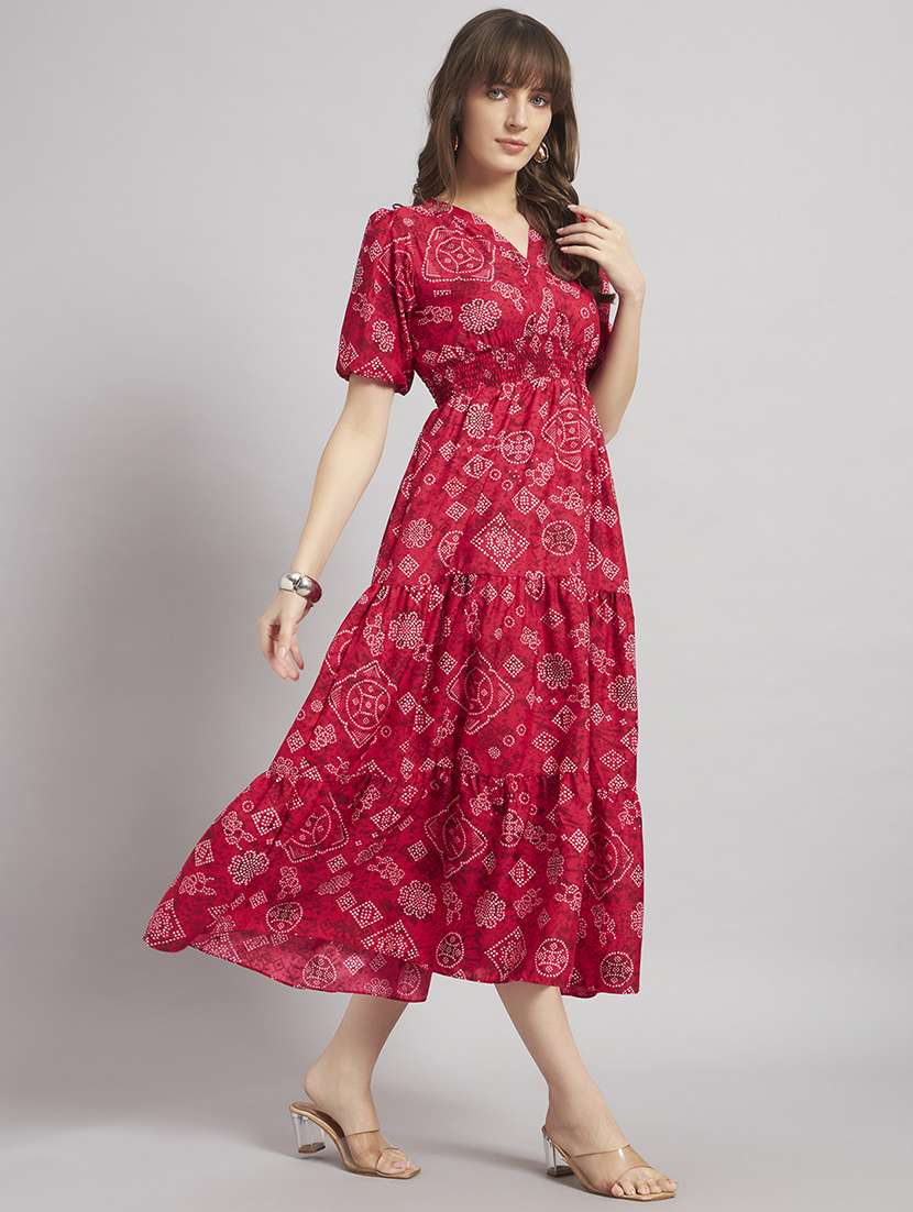 women bandhani puff sleeves tiered dress