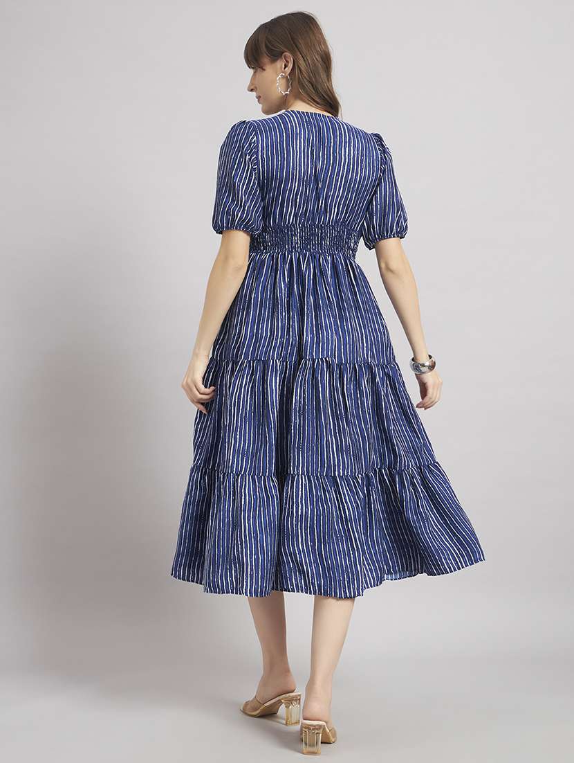 women striped puff sleeve tiered dress - 22309740 -  Standard Image - 2