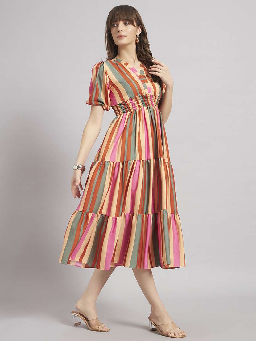 women striped puff sleeve tiered dress