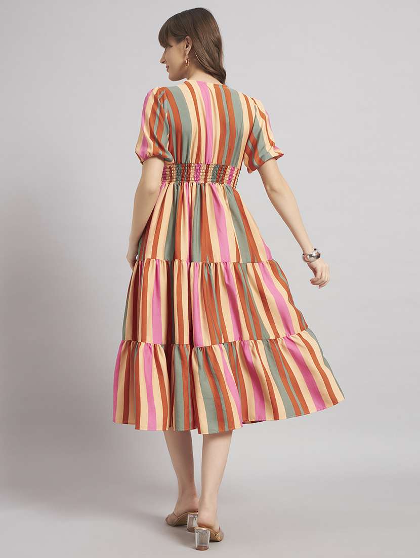 women striped puff sleeve tiered dress - 22309749 -  Standard Image - 2