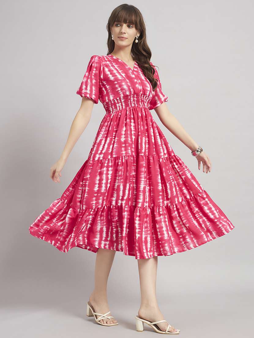 women tie & dye puff sleeve tiered dress