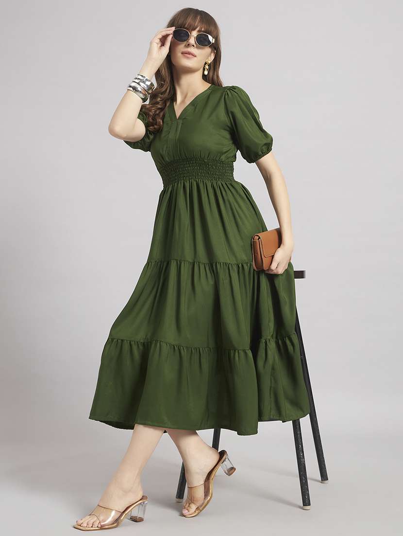 women solid puff sleeve tiered dress