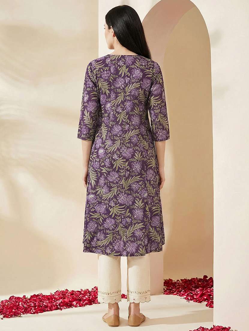 women floral three quarter sleeve angrakha kurta - 22310498 -  Standard Image - 2