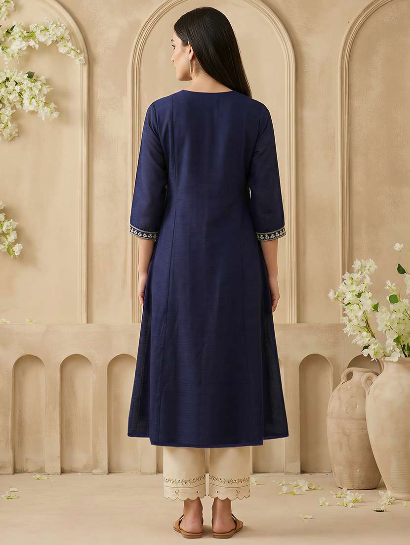 women solid with work three quarter sleeve a-line kurta - 22310499 -  Standard Image - 2