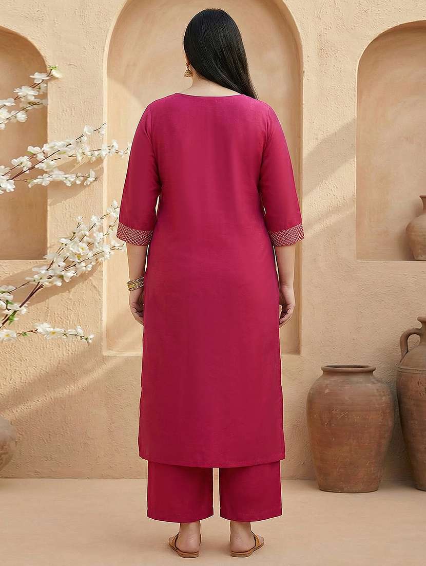 women solid three quarter sleeve kurta palazzo set - 22310504 -  Standard Image - 2